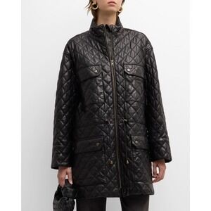 FRAME Quilted Leather Parka Jacket Coat Black‎ Sz Small Oversized Chic Warm Edgy